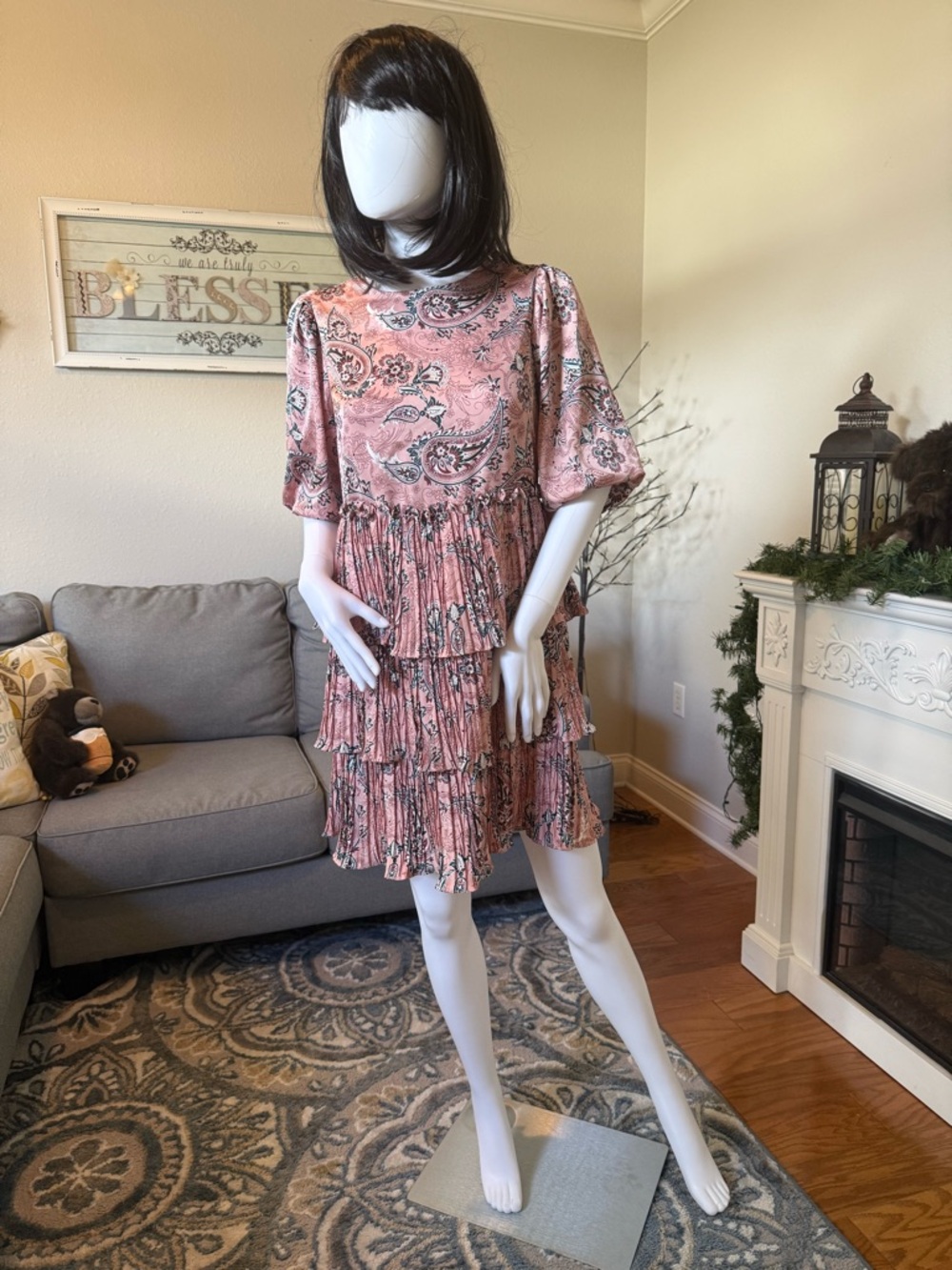 MELLODAY Brand Pink Paisley Tiered Mini Dress